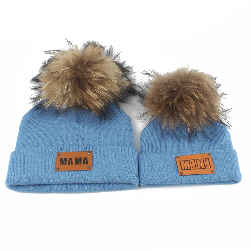 

Parent Kids Winter Hat Women Real Raccoon Fur Pompom Skullies Beanies Warm Knitted Hats Bonnet