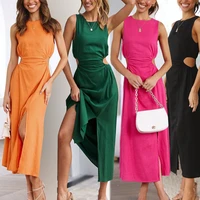 mosimolly summer dress hollow out midi dress 2022 trendy solid color split dress female vestidos
