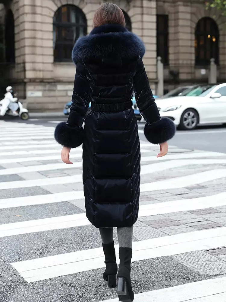 New Women Real Fur Down Coat Winter Double Fox Fur Collar Wash Free Glossy Surface Thicken Warm Belt Slim Long Down Jacket