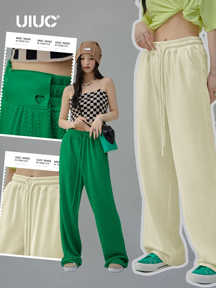 

UIUC Solid High Rise Drawstring Waist Mopping Trousers Female Straight Leg Casual Pants