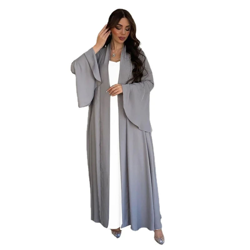 

Kimono Abaya Dress for Women Solid Ruffle Sleeve Middle Eastern Turkey Arab Dubai Soft Gulf Abayas Islamic Cardigan Robe Satin