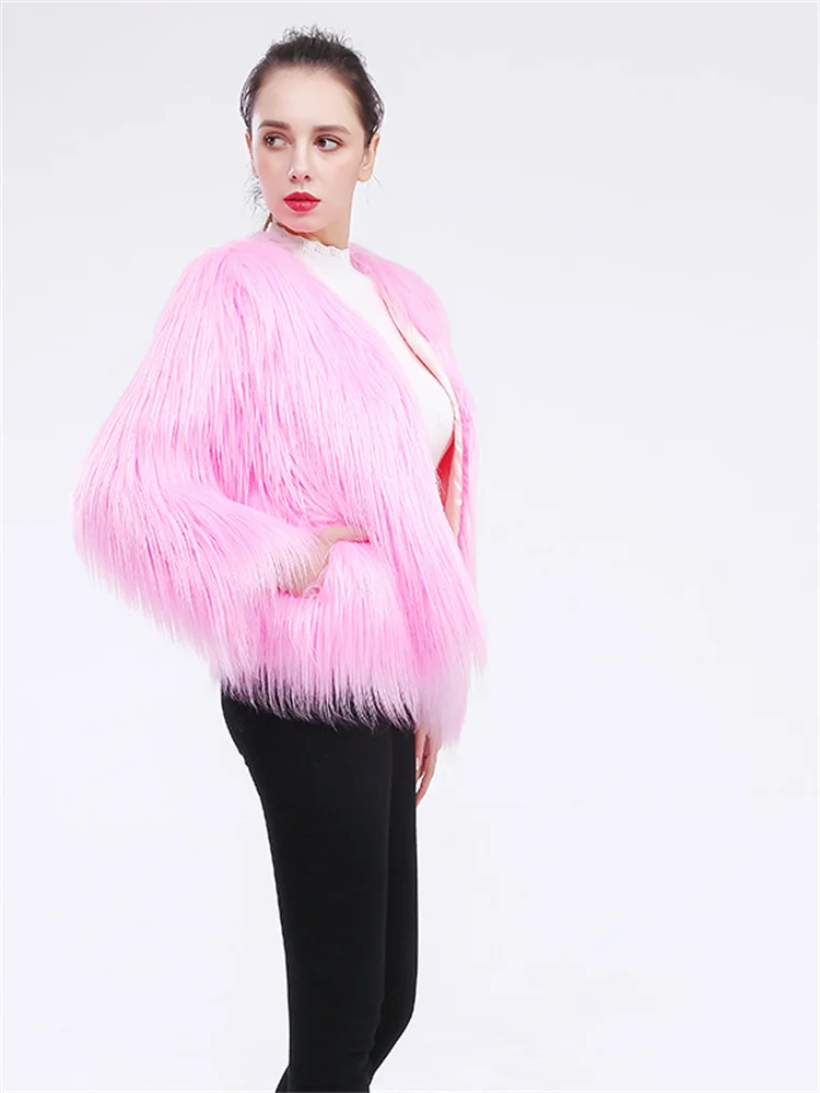 Faux Fur Coat Women 2022 Autumn Winter New Fashion Short Slim Long Sleeve Pockets Black Pink Water Wash Lamb Hair Outwear Female