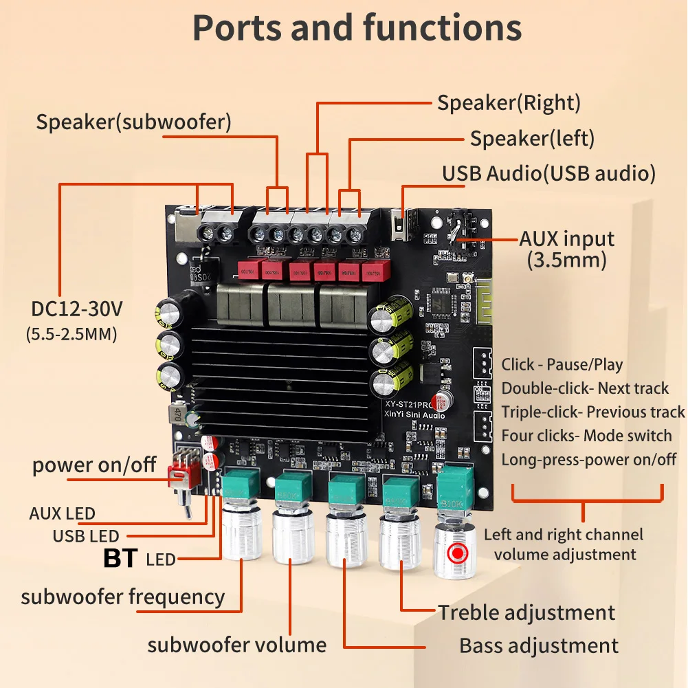 XY-ST21PRO компактный 2 1 канальный TPA3255 BT Плата усилителя мощности с высоким и низким