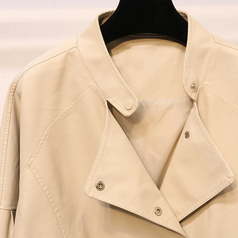 Women's loose version of large pocket leather 2023 spring and autumn clothes new clothes leather jacket coat