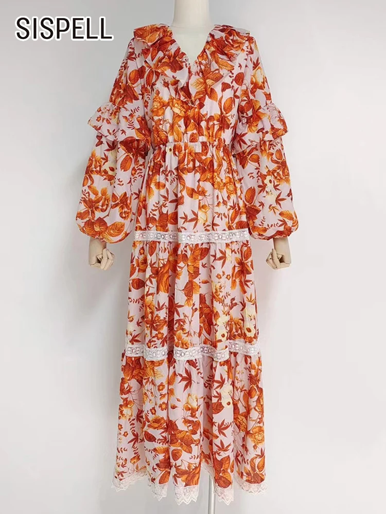 

SISPELL Loose Casual Dress For Women V Neck Lantern Sleeve High Waist Patchwork Lace Print Dresses Female Clothes Spring Fashion