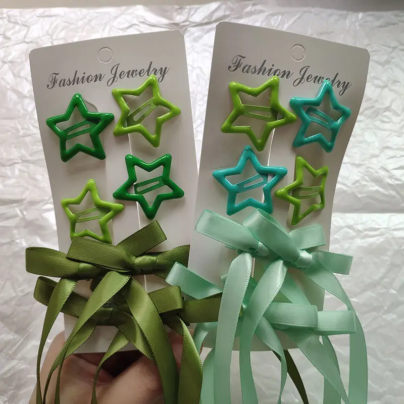 Y2K 6 шт./комплект длинные ленточные заколки для волос с бантом звезда однотонные