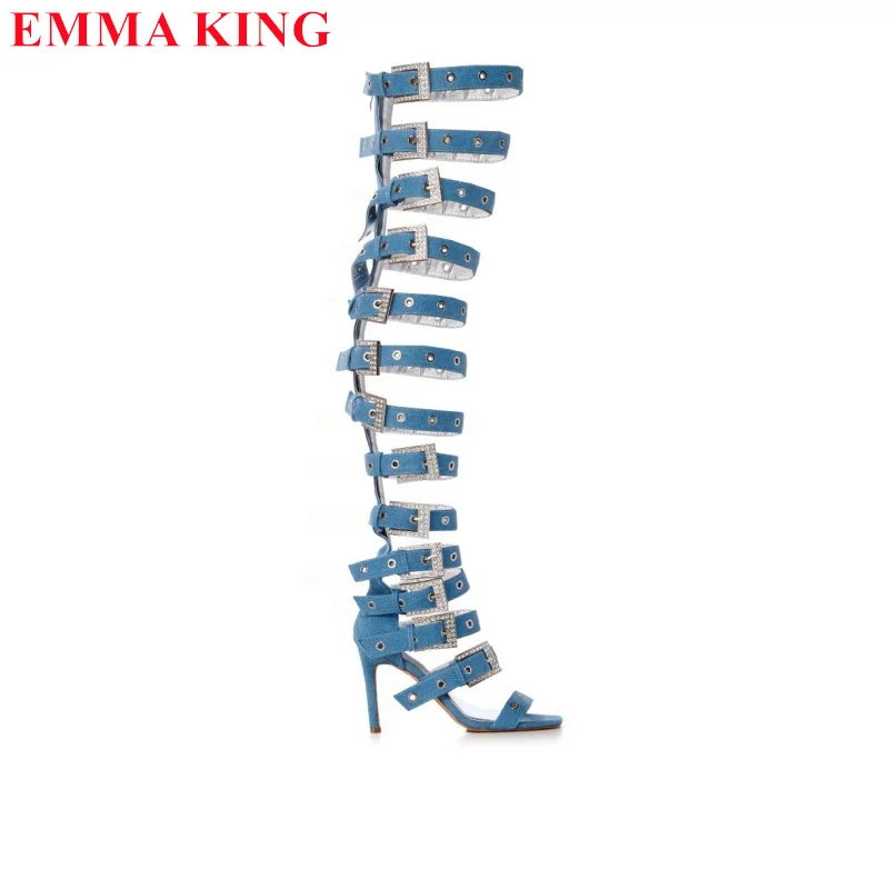 Босоножки женские выше колена модные сапоги на высоком каблуке с пряжкой молнией