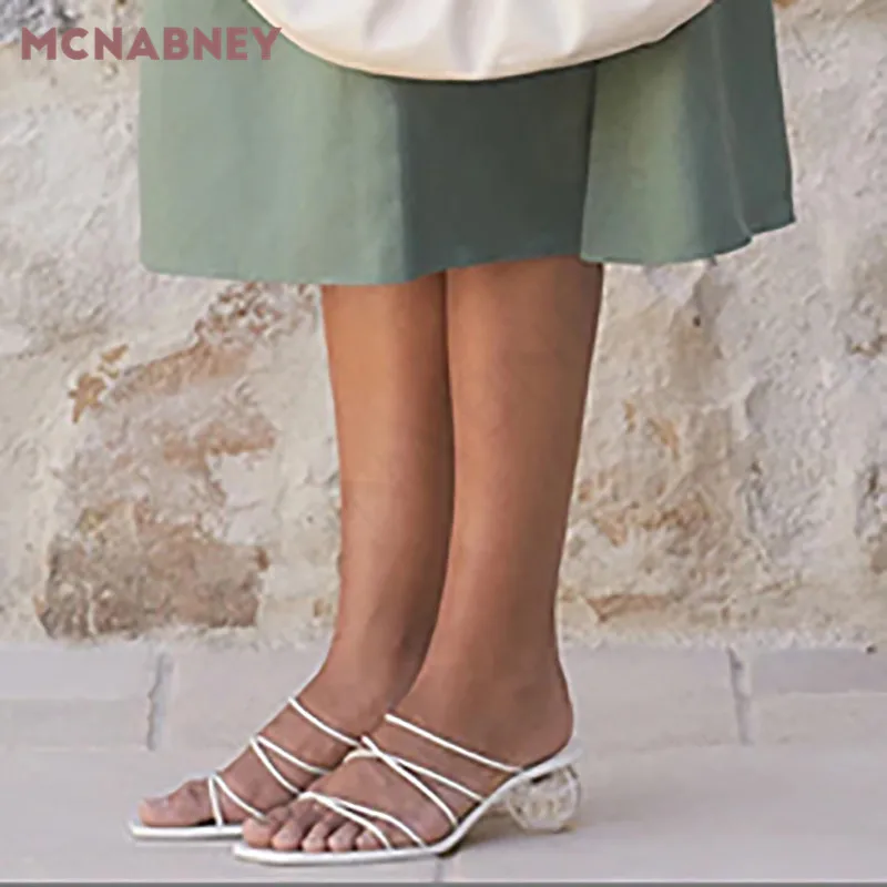 Cross Thin Strap Bulbous Slippers Crystal Ball Shaped Heel Fashion Square Toe Strap Sandal Temperament Sexy Female Slippers