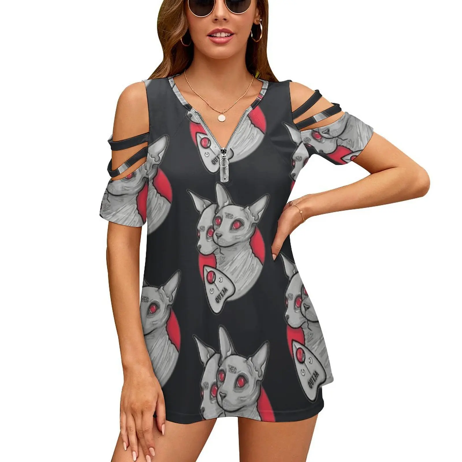 

Женская рубашка с коротким рукавом, на молнии