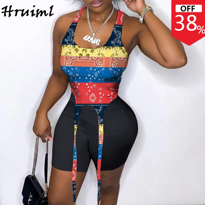 

Женский комплект из двух предметов, топ без рукавов с принтом и короткие брюки на шнуровке, комплект из двух предметов, женские летние повсе...