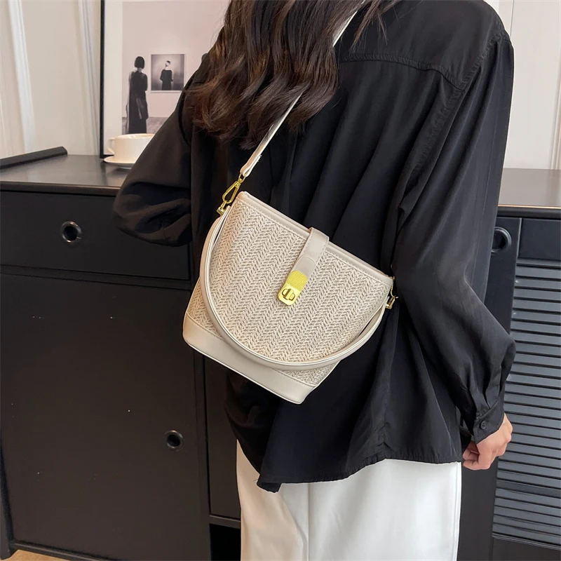 Jin Mantang Small Straw Bucket Underarm Bags For Women 2023 Summer Crossbody Bags Lady Travel Purses And Handbags With Short