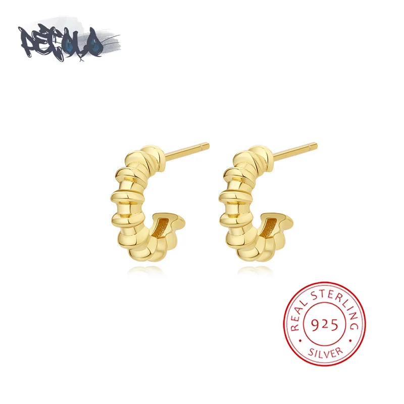 

New 925 Sterling Silver Earrings for Women Stylish Irregular Textured Shape 18k Gold C-shaped Earrings Embellish Face Jewelry