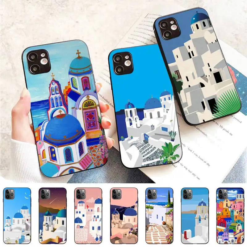 

Oia Santorini Greece Church Hand Painted Print Phone Case for iPhone 11 12 13 Mini Pro Max 8 7 6 6S Plus X 5 S SE 2020 XR XS 10