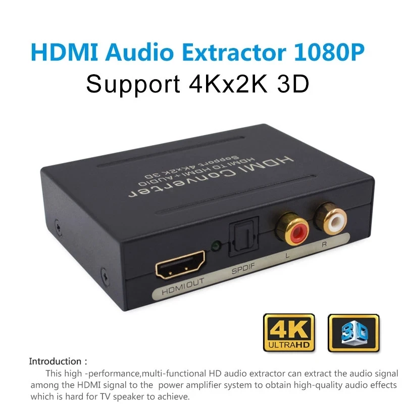 

4K HDMI Audio Extractor SPDIF L/R Output HDMI TO HDMI+Optical Toslink(SPDIF) + RCA(L/R)Stereo Analog Outputs Video for PC Laptop