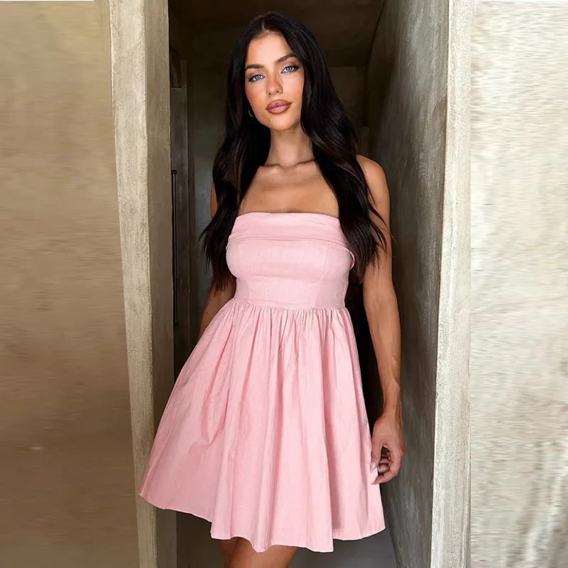 LangMao Pleated Waist Wrap A-line Dress Women Strapless Mini 2024 Spring Summer Backless Nightclub Party Dresses --------