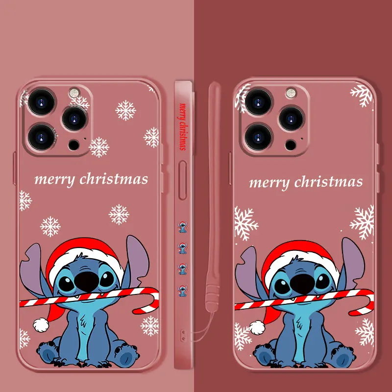 

Disney Stitch Merry Christmas Snowflake Liquid Phone Case For Apple iPhone 14 13 12 11 Pro Max 13 12 Mini XS XR X 7 8 6 6S Plus