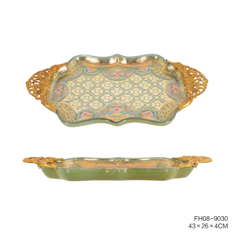 Тарелка с фруктами Kazak Skidki посуда ногами и зеленым узором фарфоровая Роскошная