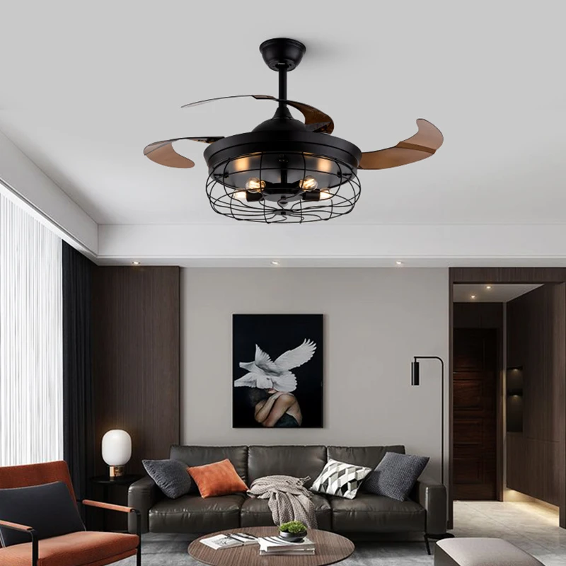

TEMAR Retro Ceiling Fan Light Industrial LED Black Metal Lamp with Remote Control For Home Bedroom Loft
