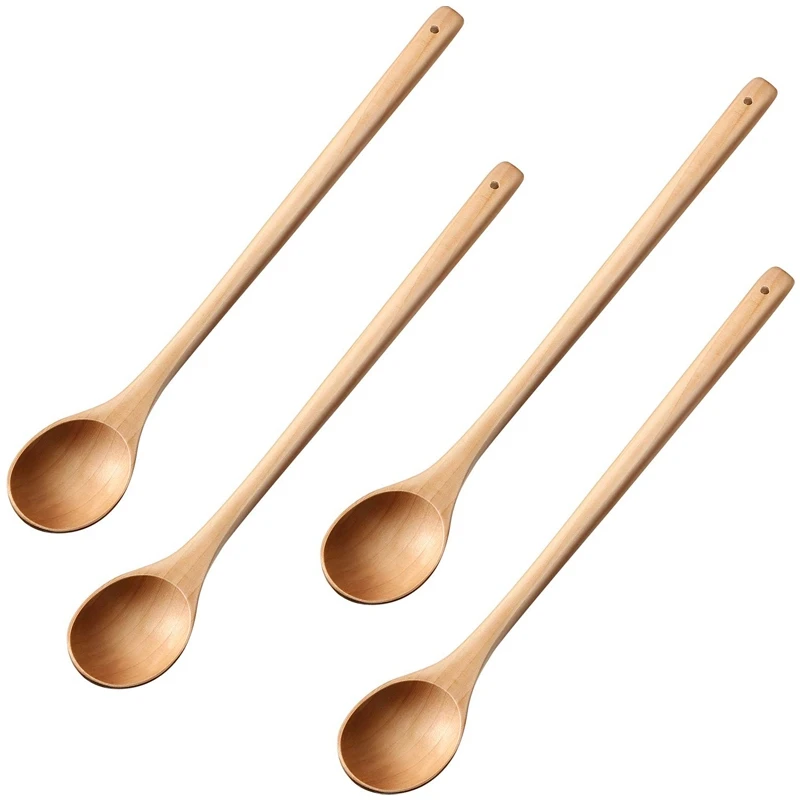 

A Set Of 4 Long Mixing Spoons For Cooking, Household Spoons For Children's Spoons, Wooden Spoons
