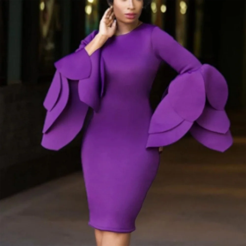 Luxury Purple Dresses Women 2023 Round Neck Petal Sleeve Solid Sheath Package Hips Mid Calf Elegant Birthday Party Dinner Dress