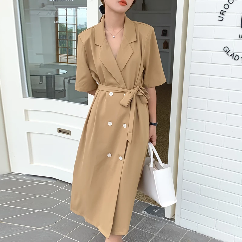 

Women Solid Double Breasted Temperament Leisure All-match Notched Stylish Summer Short Sleeve X-Long Belt Loose Blazer Dress