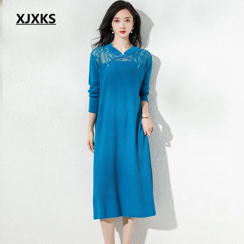 

XJXKS Hollow Lace Oversize Ladies Dress 2023 Spring And Autumn New Delicate Cheongsam Collar Vestidos Women's Long Pullover