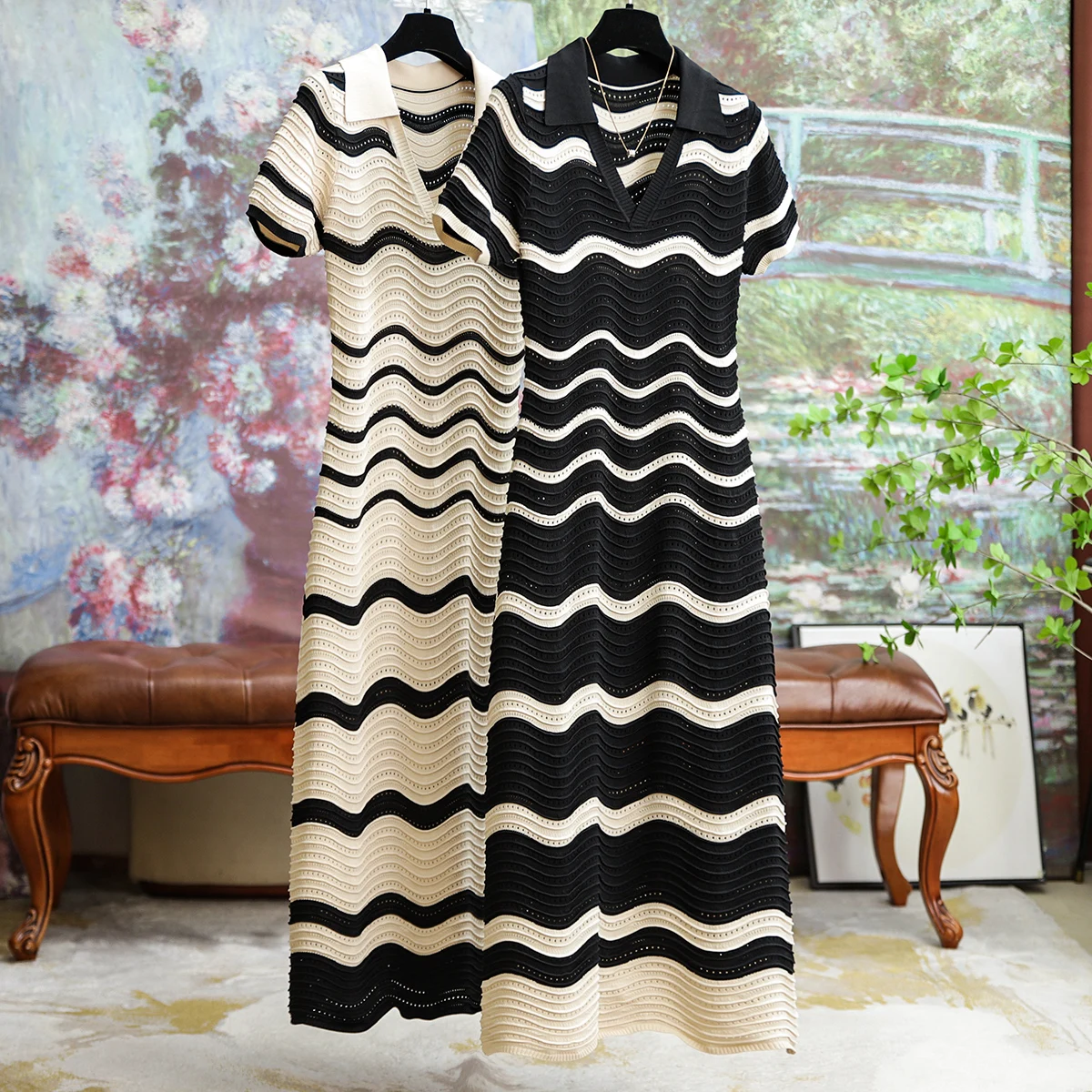 Temperament Waist V-neck Striped Knit Dress Summer 2023 New Slim Spell Color Long Office Ladies Skirts Elegant Women Clothing