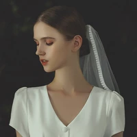 v731 graceful wedding bridal veil one layer plain tulle hollow lace edge bride shoulder veil women wed accessories