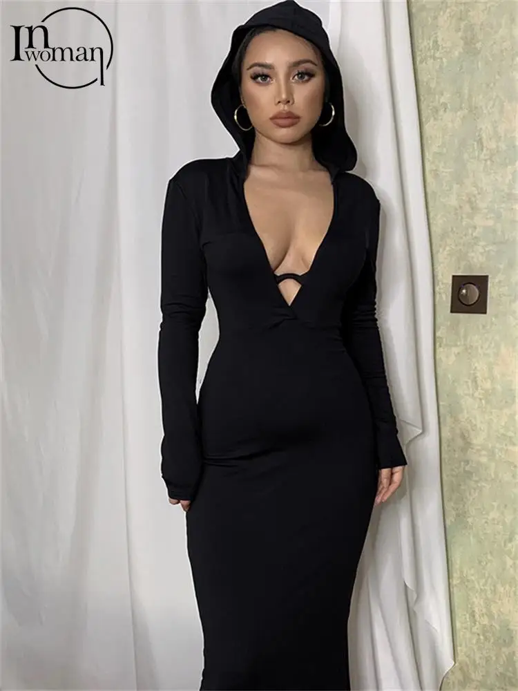 

Inwoman Sexy Solid Bodycon Hooded Maxi Dresses Fall Outfit For Women 2022 Long Sleeve V Neck Party Long Dress Women Clothing