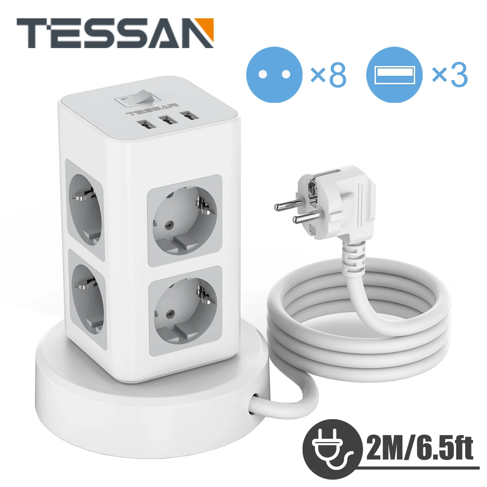 

Сетевой фильтр TESSAN с несколькими розетками, 3/8 розеток переменного тока и 3 USB-порта, европейская стандартная розетка