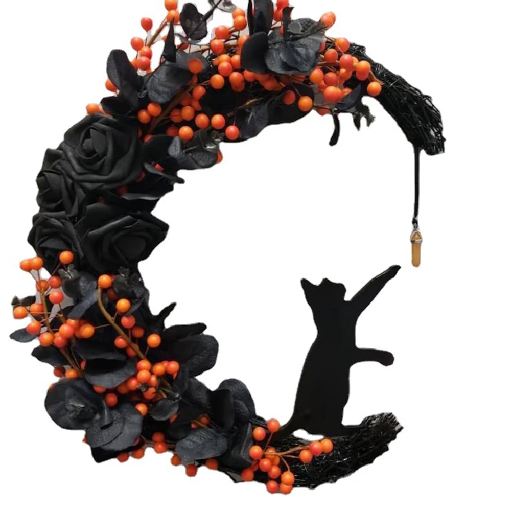 

Halloween Moon Cat Garland with Rose Black Decorations Halloween Garland Halloween Wreath for Front Door Halloween Door Decor