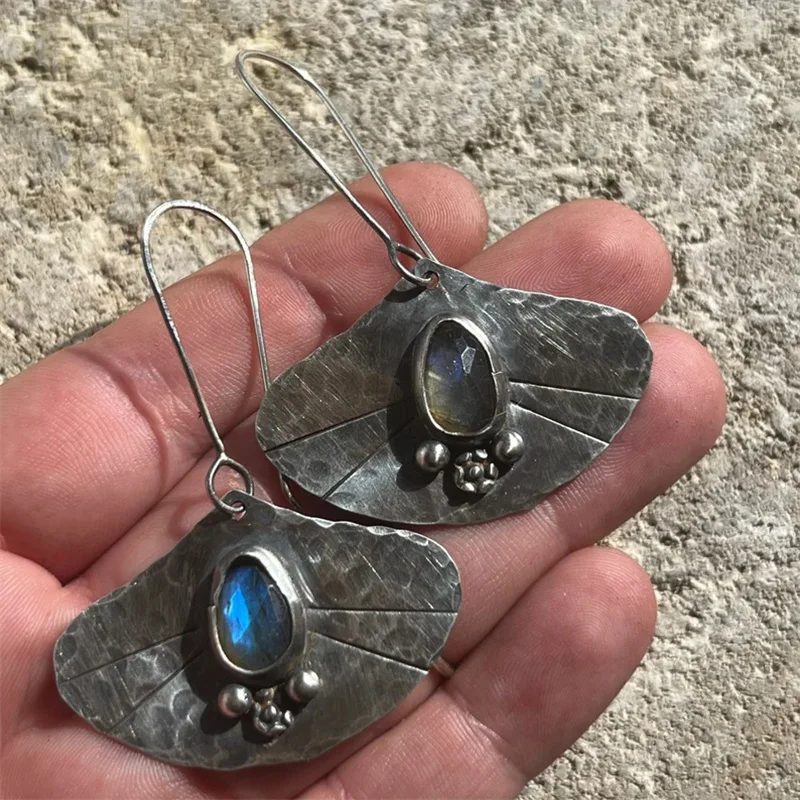 

Unique Water Droplet Inlaid Multicolored Stones Dangle Earrings for Women Vintage Silver Color Metal Carving Pattern Earrings