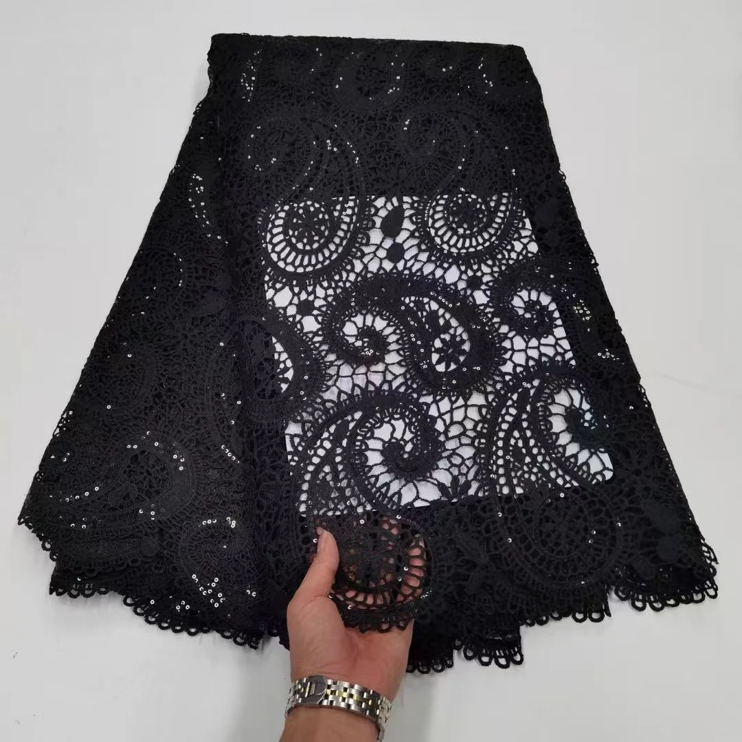 

Black African sequins Water Soluble Lace Fabric French Milk Silk Lace Fabic Nigerian Guipure Cord Lace Fabric Swiss Voile Lace