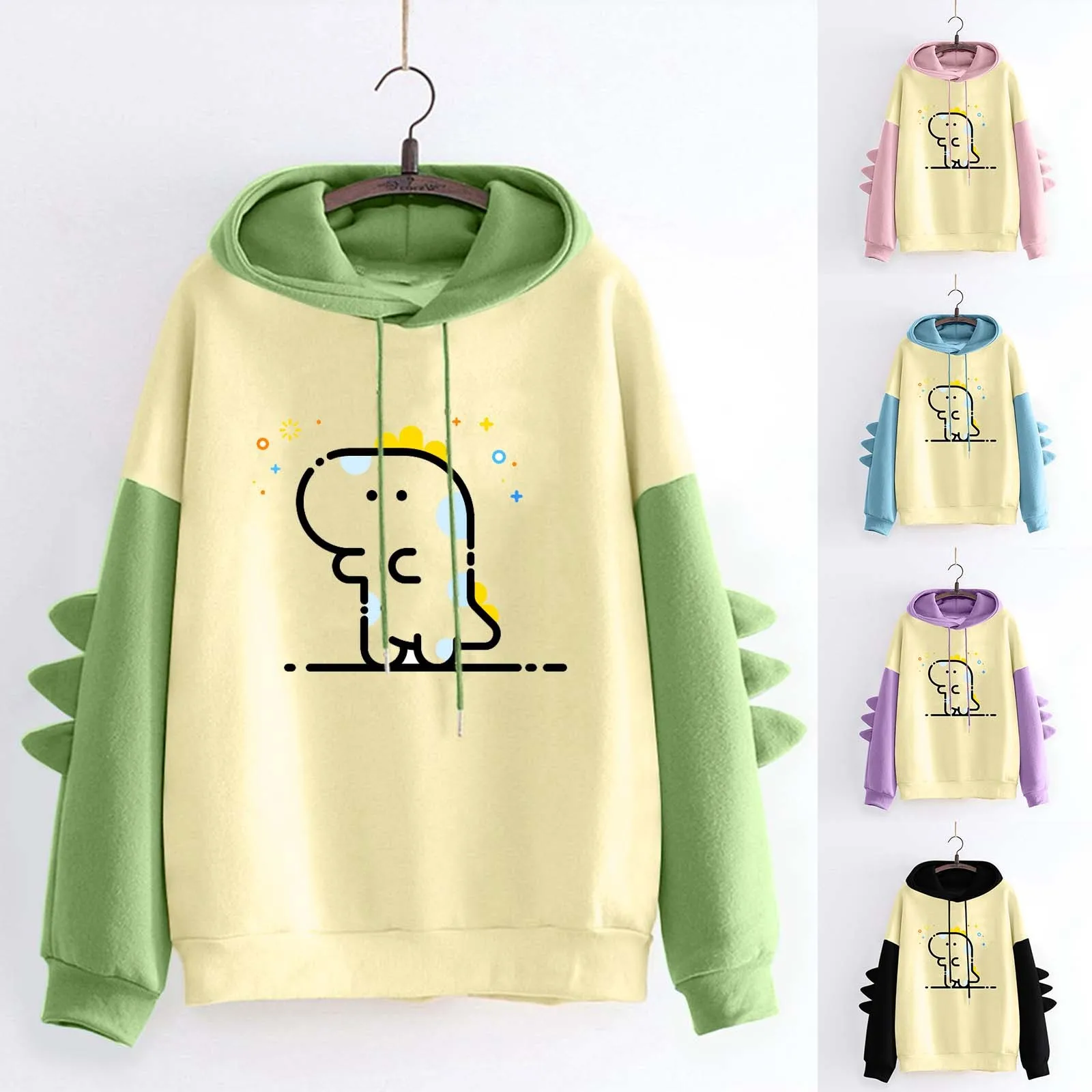 

Loin Hoodies Ladies Fashion Hooded Long Sleeve Stitching Dinosaur Taste Printed Fleece Top Womens Half Zip Pullover Jacket