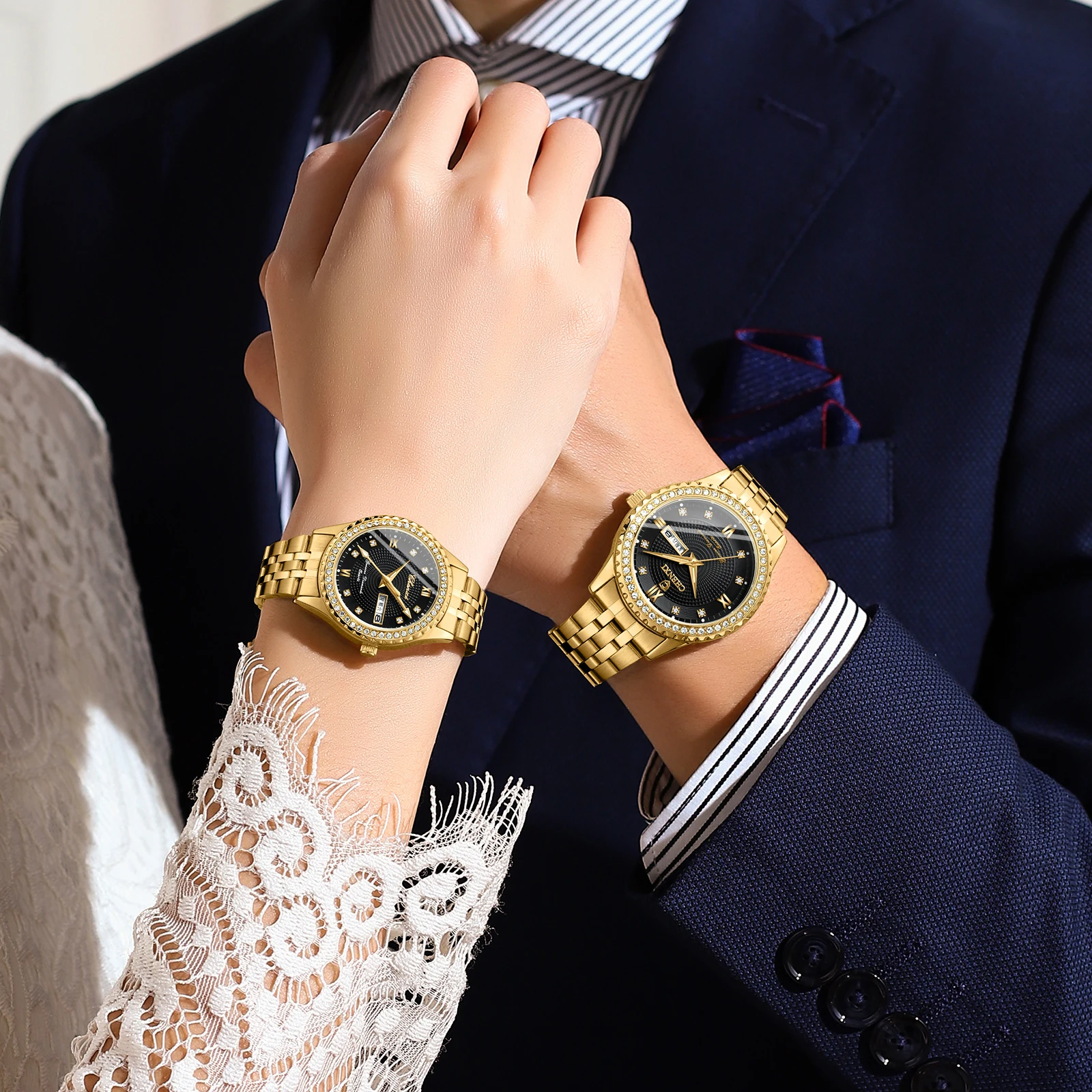 CHENXI Couple Lovers Mens Women Luxury Watches Multifunctional Stainless Steel Luminous Calendar Week Quartz Rhinestone Watches