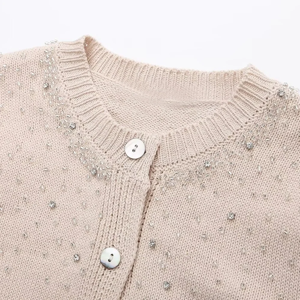 Женский вязаный кардиган с коротким рукавом бусинами