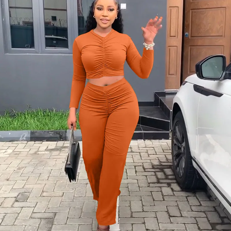 

Casual Ruched Sweatsuit for Women 2 Piece Sets Womens Outfits Fall Clothes Long Sleeve Crop Top and Straight Wide Leg Pants Suit