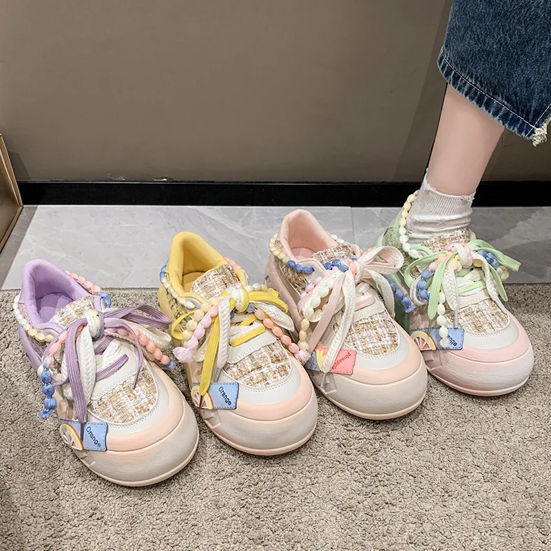 2023 New Fashion Round Toe Lace Up Women's Vulcanized Shoes Spring Flat Outdoor Breathable Women Sneakers Zapatos Mujer