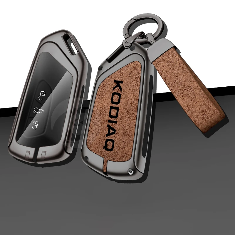 

Zinc Alloy Leather Car Key Case Cover For Skoda Kodiaq Logo Holder Keyless Fob Keychain Keyring Protection Accessories