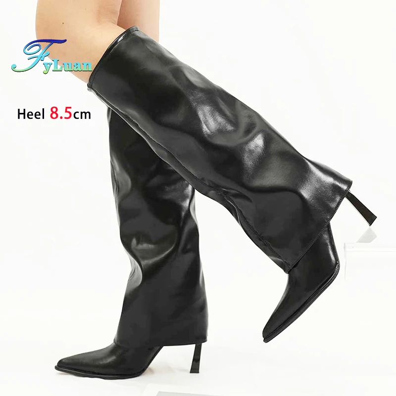 Женские сапоги с перевернутым краем. Сапоги до колена в британском стиле.