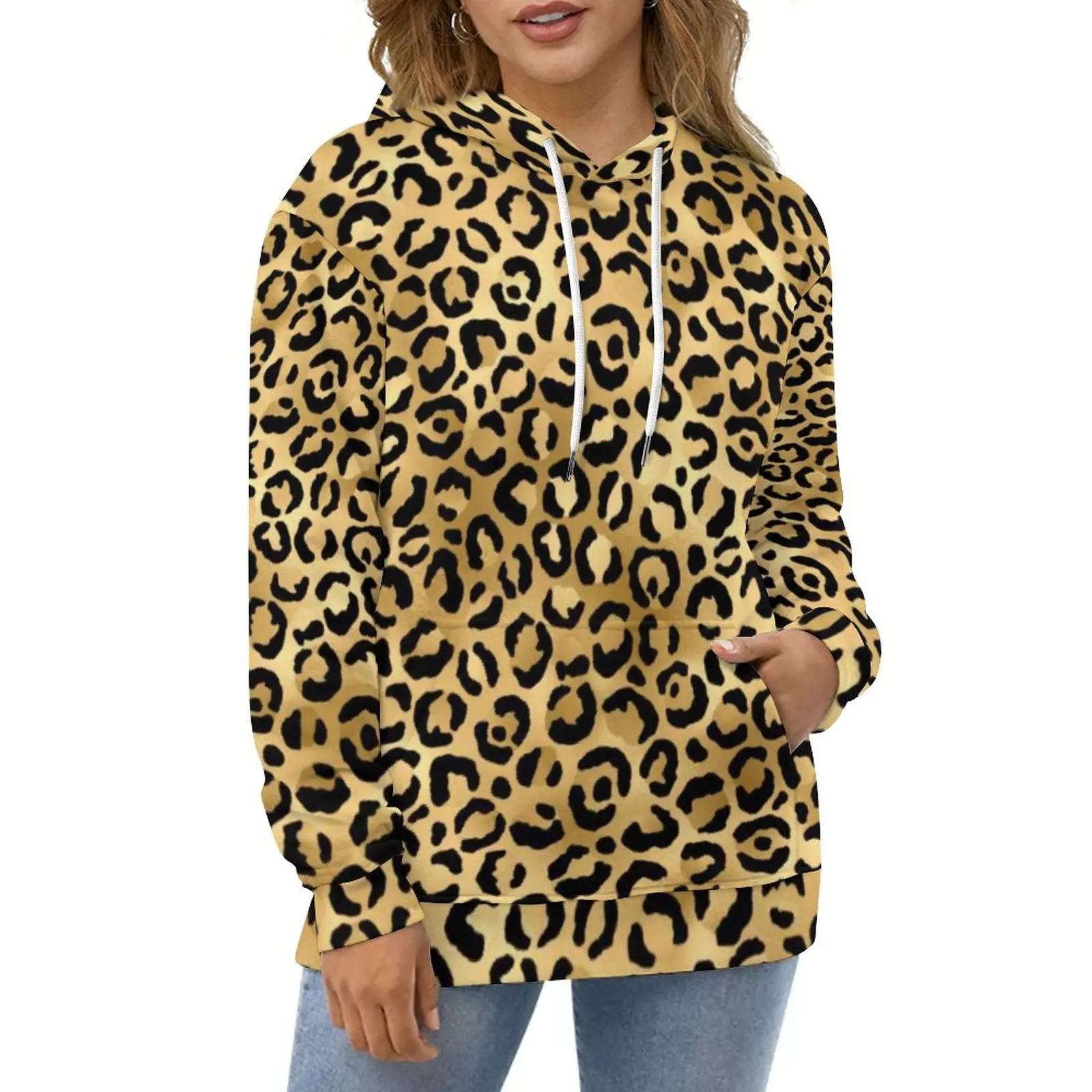 

Cheetah Animal Trendy Hoodies Black Gold Leopard Print Stylish Harajuku Oversized Hoodie Long Sleeve Modern Casual Sweatshirts