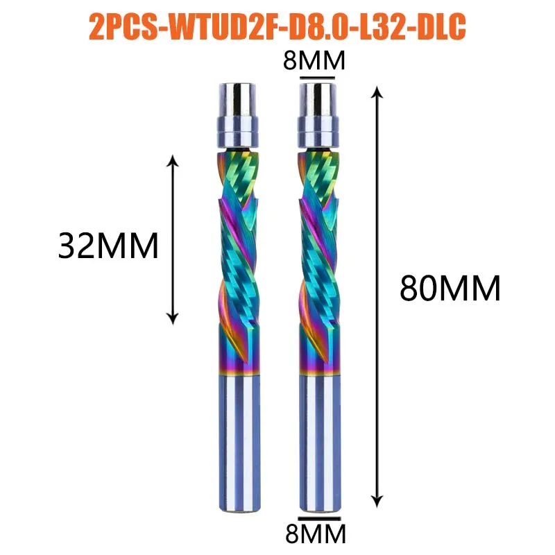 Dreanique 2 шт./лот, твердосплавные подшипники с DLC-покрытием, управляемые фрезы, хвостовик 6 мм, 2 канавки, спиральная фреза для дерева