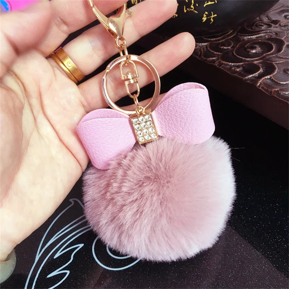 

Kawaii 8cm Plush PU Leather Bowknot Keychain For Women Cute Faux Rabbit Fur Key Chain Bulk Bag Car Backpack Keyring Accessories