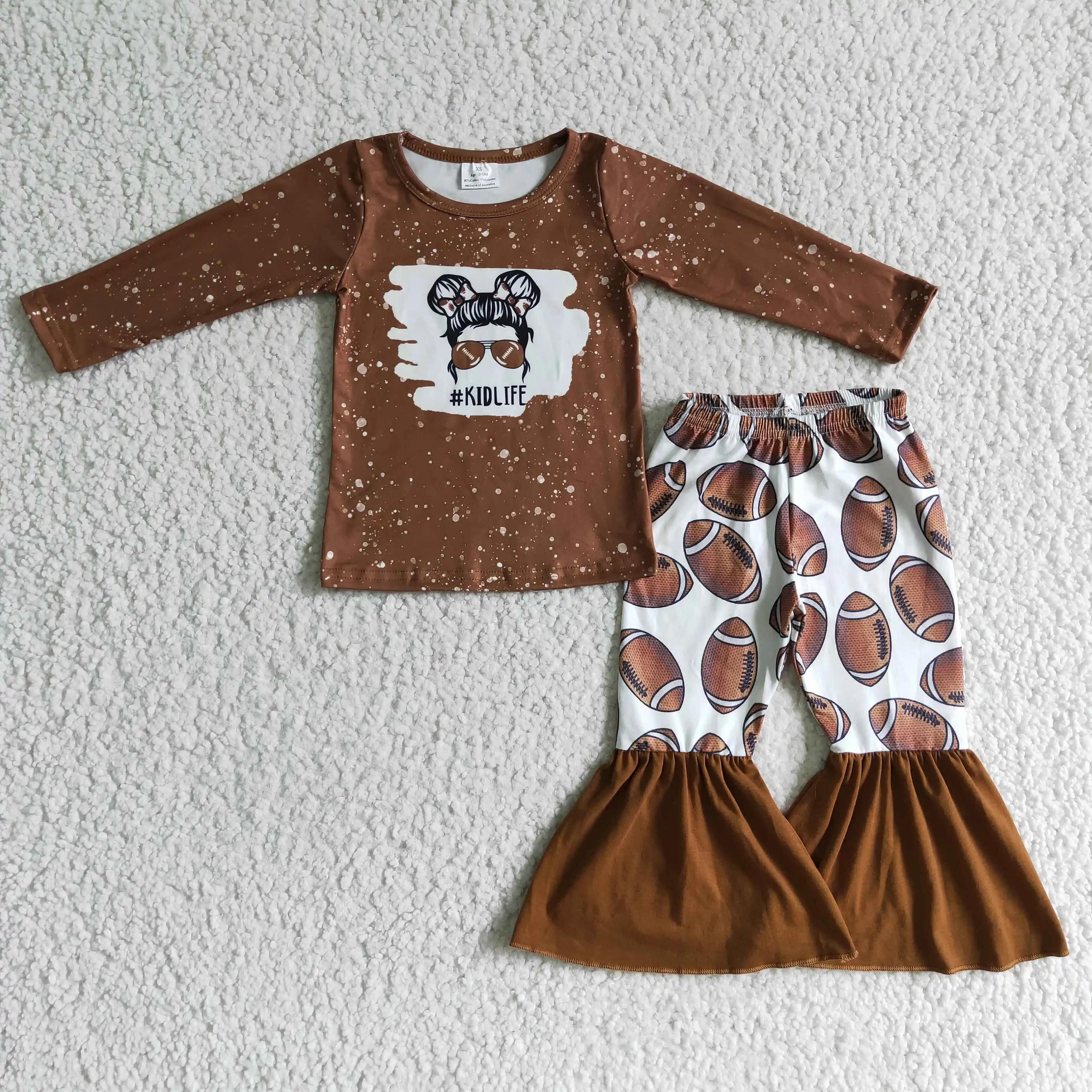 

Wholesale RTS Baby Brown Autumn Bell Bottoms Toddler Girls Football Sets K​ids Toddler Clothes Outfits