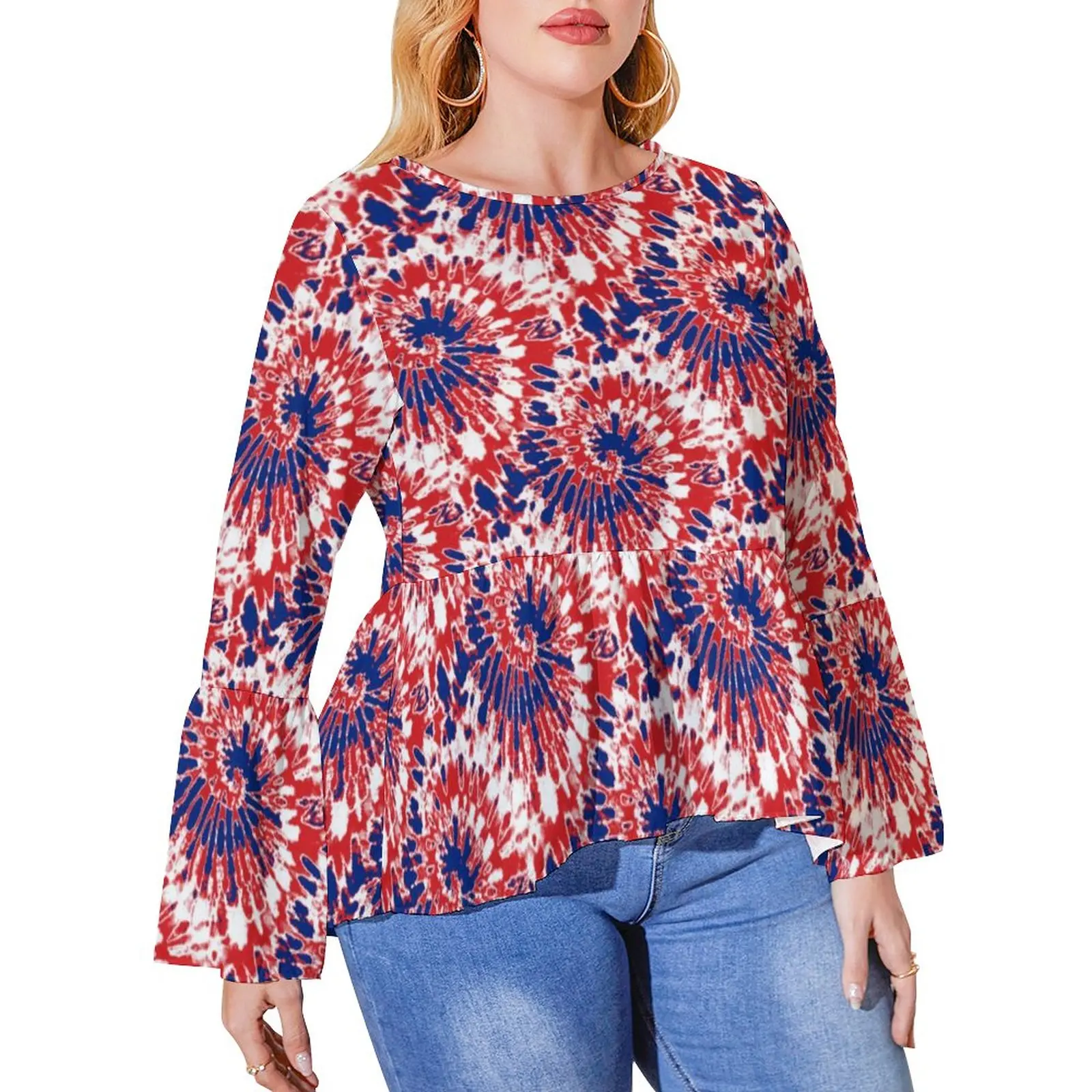 

Firework Tie-Dye T-Shirts Red White Blue Cute T Shirt Women Long Sleeve Street Fashion Tshirt Pattern Tees Plus Size 6XL