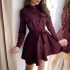 Женское однотонное платье-рубашка с воротником-стойкой, однобортное платье-рубашка с длинным рукавом и карманами, с завязкой на талии