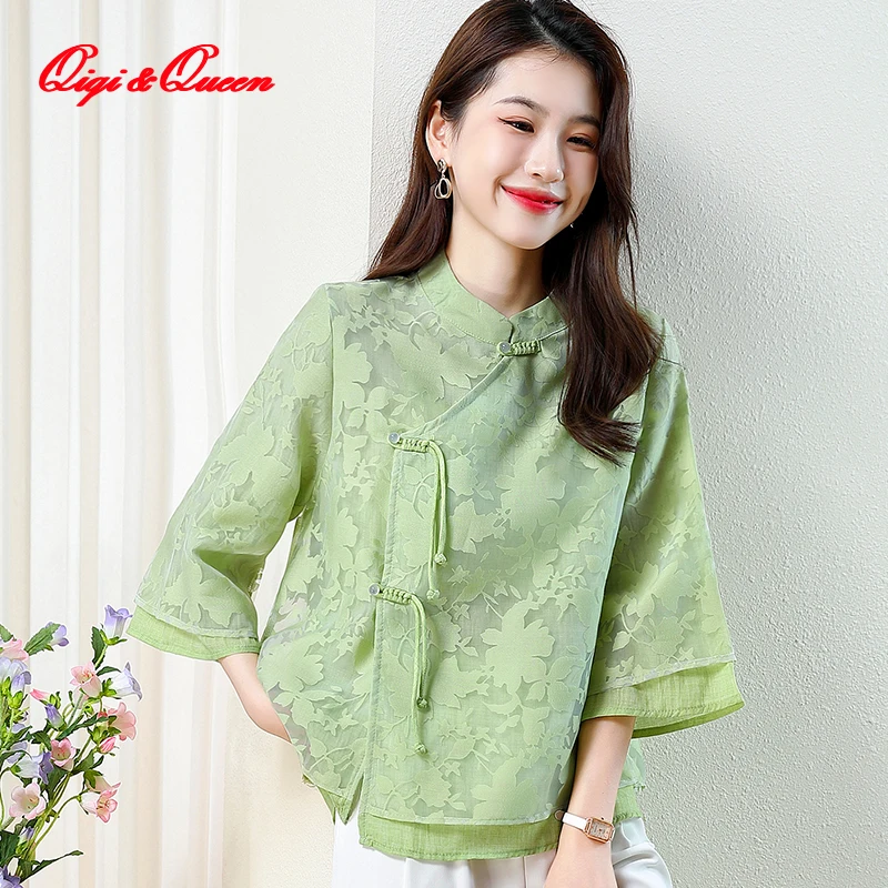 

Qiqi&queen 2023 summer new double-layer gauze top printed loose large size blouses retro cardigan breathable shirt ladies tops