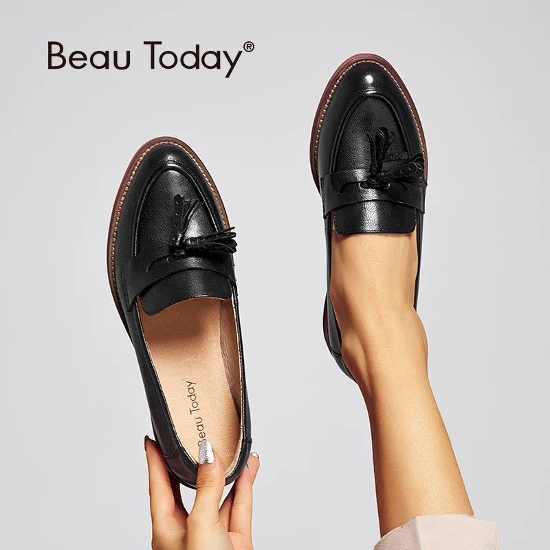 

Tassels Penny Loafers Women Waxing Sheepskin Genuine Leather Pointed Toe Ladies Slip On Flat Shoes Handmade A27075