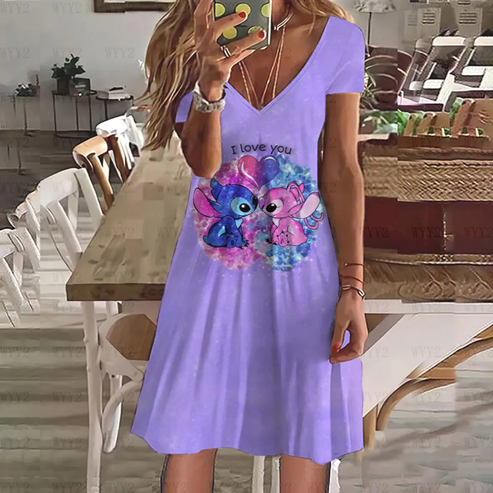 

2023 Summer Disney Stitch Cartoon Print V Neck Casual Loose Women's Dress Elegant Women's Comfortable Dress