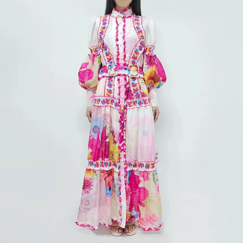 

Boho Holiday Pink Printed Long Dress 2022 Summer Fashion Sweet Lantern Sleeves Red Flower Print Female Robe Ruffle Dress Wedding